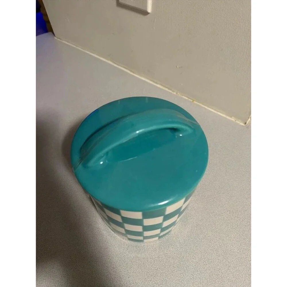 Blue plaid checkered jar with lid canister new